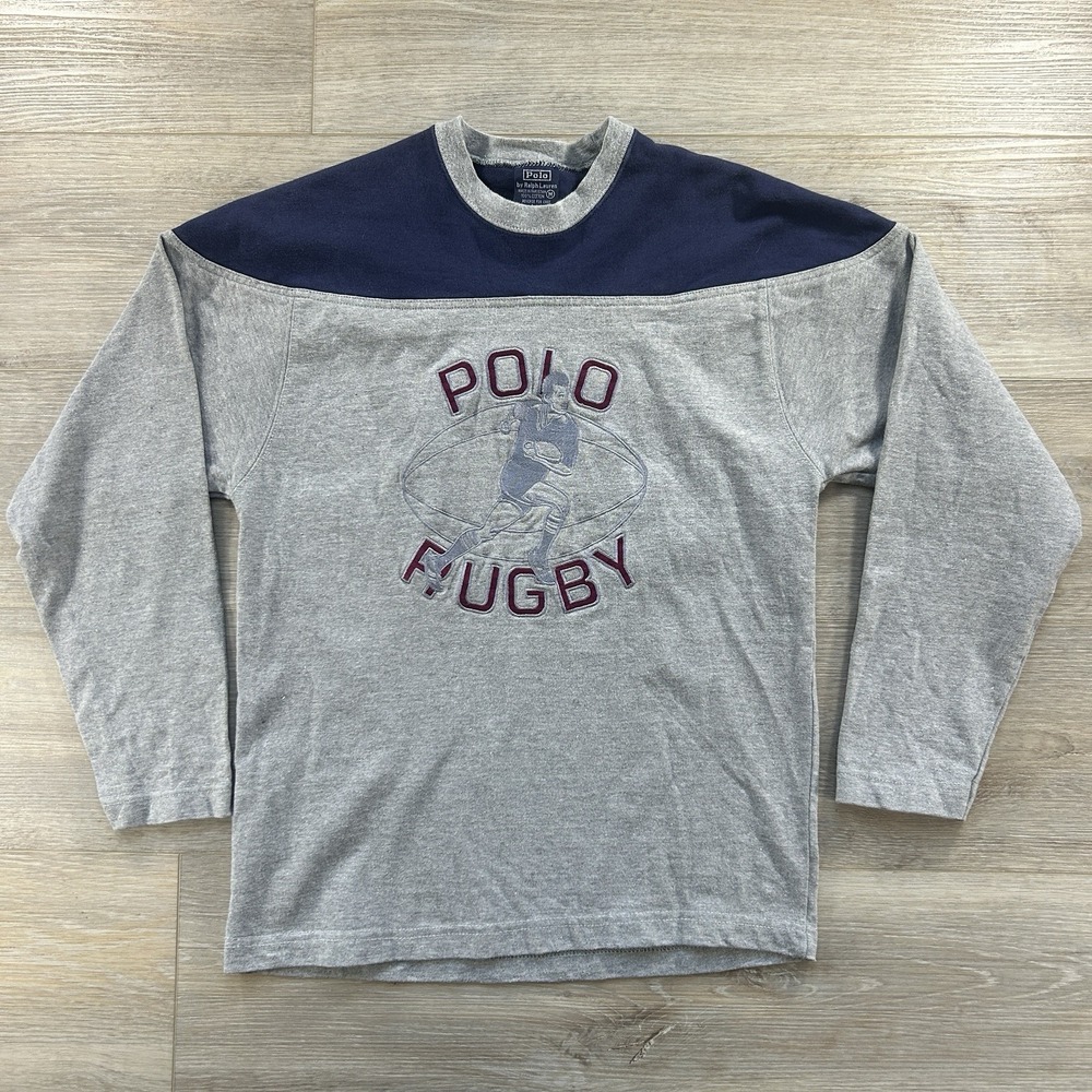 VTG Polo Ralph Lauren Rugby Sweatshirt Boys Medium Gray Patch Varsity Rugby